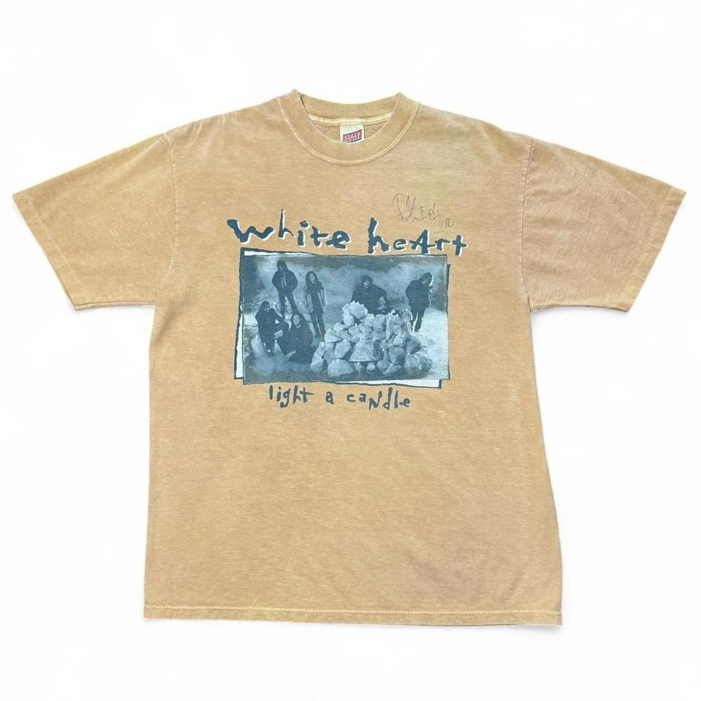 Vintage White Heart Light a Candle Autograph Rick Florian Christian T-shirt L